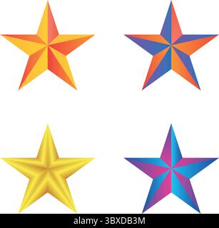 Set aus vier leuchtenden Sternen in einem 2x2-Raster mit jeweils einzigartigen Farbverläufen – Orange-Gelb, Blau-Orange, Gelb und Rosa-Violett. Ideal für Auszeichnungen Stock Vektor