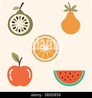 Farbenfrohe Fruchtsymbole wie Kiwi, Birne, Orangenscheibe, Apfel und Wassermelone – perfekt für Ernährung, Lebensmittelerziehung oder gesunde Lifestyle-Designs. Stock Vektor