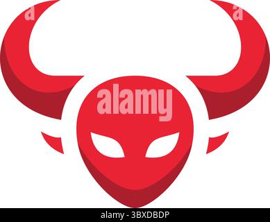 Minimalistisches rotes Stierkopf-Logo mit wilden weißen Augen und geschwungenen Hörnern – symbolisiert Kraft, Energie und Stärke. Ideal für Branding, Sport oder Bekleidung. Stock Vektor