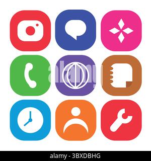 Raster aus 9 farbenfrohen App-Symbolen mit Kamera, Chat, Uhr und mehr – ideal für digitales Design, UI-Themen, mobile Apps und technische Schnittstellen. Stock Vektor