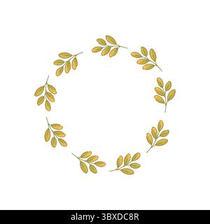 Minimalistischer botanischer Kranz aus weichen gelb-grünen Olivenblättern in handgezeichnetem, gemütlichen rustikalen Stil für Herbstmotive. Stock Vektor