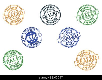 Eine genehmigte versiegelte Gummistempel-Sammlung, offizielles Dokumentensiegel-Vektor-Set Stock Vektor