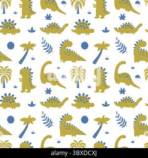 Nahtloses Muster mit verschiedenen freundlichen Dinosauriern, Palmen und prähistorischen Pflanzen in einem verspielten, sich wiederholenden Design Stockfoto