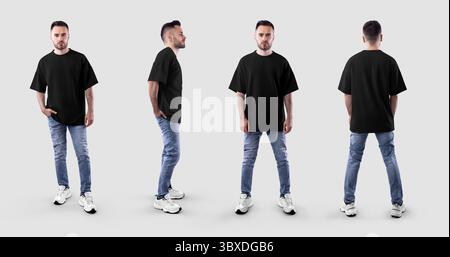Vorlage eines schwarzen T-Shirts auf bärtigen Kerl in voller Höhe, vorne, Seite, hinten, für Design, Musterdruck, Branding, Werbung. Set von Herrenhemden Stockfoto