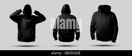 Black Hoodie Mockup übergroßes 3D-Rendering, Vorder- und Rückansicht, für Design, Druck, Muster, Branding. Einstellen. Vorlage für modische Herrenbekleidung mit p Stockfoto
