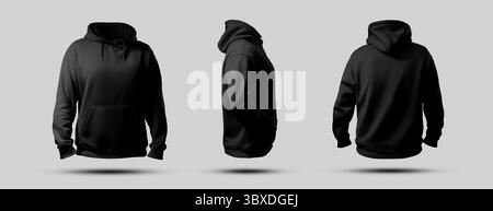 Schwarzes Oversize Hoodie-Modell 3D-Rendering, Vorder-, Rückseite-, Seitenansicht, isoliert auf Hintergrund. Lässige Kleidung für Design und Branding. Vorlage von f Stockfoto