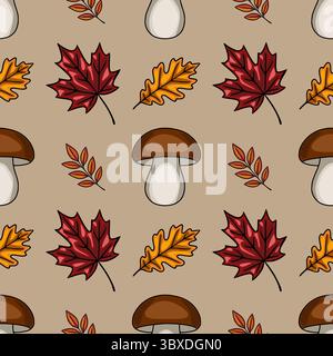 Nahtloses Vektormuster mit herbstlichen Pilzen, Ahorn- und Eichenblättern und Zweigen auf taupefarbenem Hintergrund, ideal für herbstliche Designs. Stock Vektor