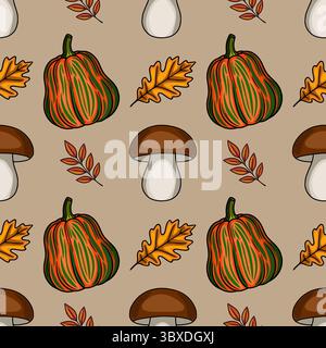 Nahtloses Vektormuster mit handgezeichneten Herbstelementen: gestreifte Kürbisse, Stachelpilze, Eichenblätter und herbstliche Zweige, die einen Krieg schaffen Stock Vektor