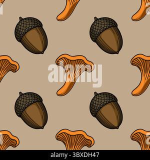 Nahtloses Vektormuster mit handgezeichneten Eicheln und Pfifferlingen in einem stilisierten Vintage-Illustrationsstil, perfekt für herbstliche Designs. Stock Vektor