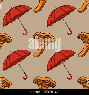 Nahtloses Vektormuster mit roten Regenschirmen und Pfifferlingen auf beigefarbenem Hintergrund, wodurch ein skurriles herbstliches Design entsteht. Stock Vektor