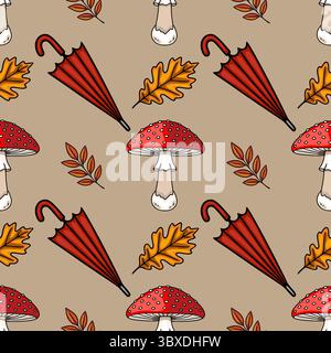 Nahtloses Vektormuster mit herbstlichen Elementen: Rote Regenschirme, Fliegenpilze, Eichenblätter und Herbstzweige, die ein charmantes und gemütliches Ambiente schaffen Stock Vektor