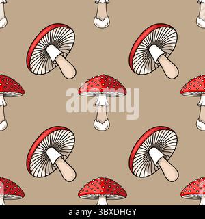 Nahtloses Vektormuster mit handgezeichneten Illustrationen von roten und weißen Pilzen mit variierenden Details, die ein bezauberndes herbstliches Perfec schaffen Stock Vektor