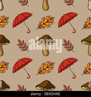 Nahtloses Vektormuster mit herbstlichen Elementen: Rote Regenschirme, braune Pilze, Eichenblätter und lebendige Laubzweige, die ein bezauberndes und schaffen Stock Vektor