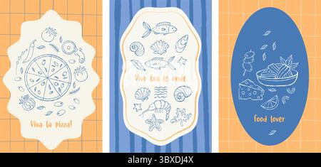 Retro-Poster mit italienischen Vintage-Speisen. Dolce vita Handzeichnung. Isolierte Postkarten mit mediterraner Ästhetik mit Pasta, Pizza, Gemüse, Meeresfrüchten und ch Stock Vektor