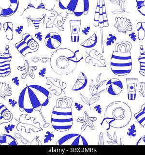 Dolce vita. Mediterrane italienische Ästhetik nahtloses Muster mit Sommerurlaub am Strand auf weißem Hintergrund. Markanter blauer Vintage-Look mit minimalem Hintergrund Stock Vektor