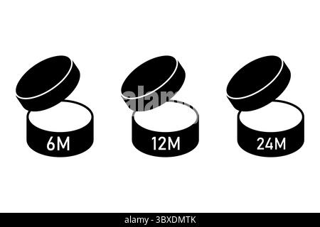 Symbole für kosmetischen Ablauf. Periode nach dem Öffnen. PAO-Label Vektor. Symbole für Creme-Gläser. Stock Vektor