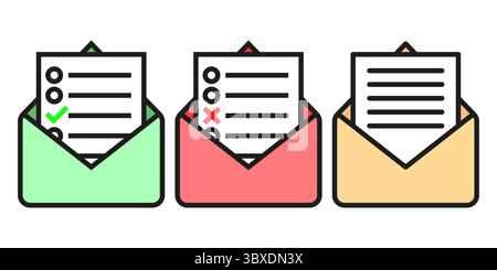 E-Mail-Symbole der Checkliste. Genehmigte Umschläge mit Ablehnung. Vektor der Umfrage. Farbige Buchstabensymbole. Stock Vektor