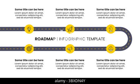 Infografik-Vorlage mit Symbolen und 6 Optionen oder Schritten. Roadmap. Kann für Workflow-Layout, Diagramm, Banner und Webdesign verwendet werden. Vektorabbildung Stock Vektor