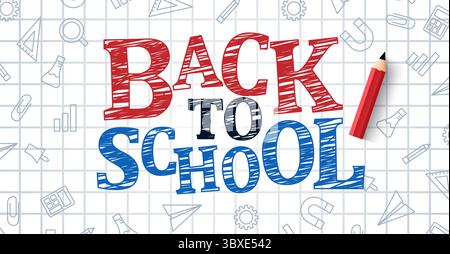 Schulbanner mit Kritzeleien, gezeichnet mit Stift auf quadratischem Notizheftpapier. Handgezeichnetes Schulmaterial, Schreibwaren. Zurück zur Schule Banner, Poster. Vektorabbildung Stock Vektor