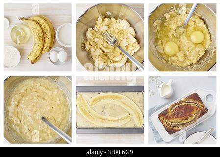 Bananenbrot. Collage, Schritt für Schritt Rezept. Kuchen mit Banane. Traditionelle amerikanische Küche Stockfoto