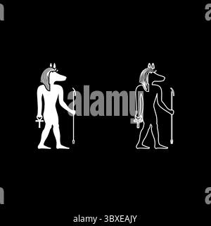 Anubis Gottheit mit Schakalkopf alten ägyptischen Gott hält Stab und Anch Kreuz Silhouette mythische Set Symbol weiße Farbe Vektor Illustration Bild Stock Vektor