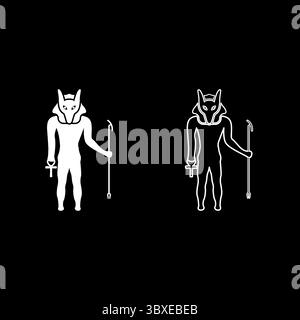 Anubis Gottheit mit Schakalkopf alten ägyptischen Gott hält Stab und Anch Kreuz Silhouette mythische Set Symbol weiße Farbe Vektor Illustration Bild Stock Vektor