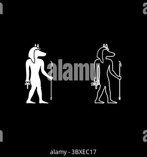 Anubis Gottheit mit Schakalkopf alten ägyptischen Gott hält Stab und Anch Kreuz Silhouette mythische Set Symbol weiße Farbe Vektor Illustration Bild Stock Vektor