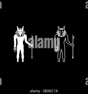 Anubis Gottheit mit Schakalkopf alten ägyptischen Gott hält Stab und Anch Kreuz Silhouette mythische Set Symbol weiße Farbe Vektor Illustration Bild Stock Vektor