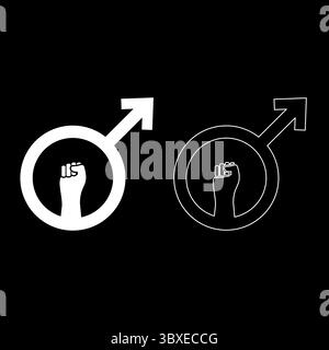 Anti-Feminismus männliches Symbol Zeichen erhöhte Faust Set Icon weiße Farbe Vektor Illustration Bild einfache feste Füllung Umrisslinie dünne flache Art Stock Vektor