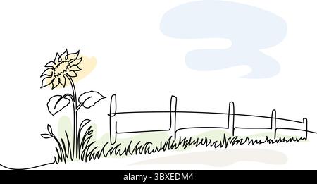 Sonnenblume blüht in der Nähe des Zauns. Sommerlandschaft. Durchgehende einzeilige Zeichnung. Stock Vektor