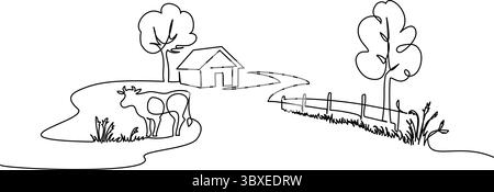 Dorfhaus mit Straßenzaun und Kuh. Durchgehende einzeilige Zeichnung. Stock Vektor