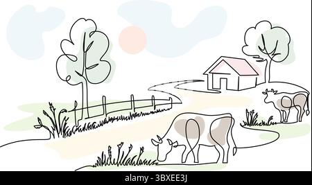 Dorfhaus mit Straßenzaun und Kuh. Durchgehende einzeilige Zeichnung. Stock Vektor