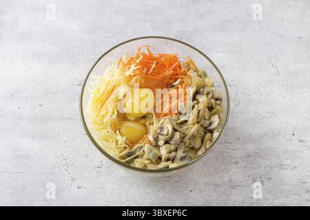 Lebensmittel, Glasschale mit geriebenen Kartoffeln, Karotten, Eiern und gebratenen Pilzen mit Zwiebeln zur Zubereitung von leckerem Kartoffelkuchen, Gratin oder Auflauf auf grauem Text Stockfoto