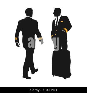 Luftfahrzeugpilot in Stehposition, schwarze Silhouette, Illustration vol 03 Stock Vektor