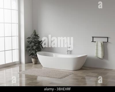 Ein einladendes Badezimmer mit einer eleganten freistehenden Badewanne, eleganten Armaturen und einer Topfpflanze, ideal für moderne Wohndesign-Projekte Stockfoto