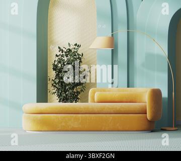 Moderne farbenfrohe Innenausstattung der Lounge mit orangefarbenem Sofa mit Stehlampe, gelber Wand und blauen Bögen, 3D-Rendering Stockfoto