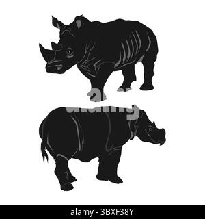 Schwarzes Rhinozeros, Rhino Silhouette Illustration auf weißem Hintergrund Vol 01 Stock Vektor