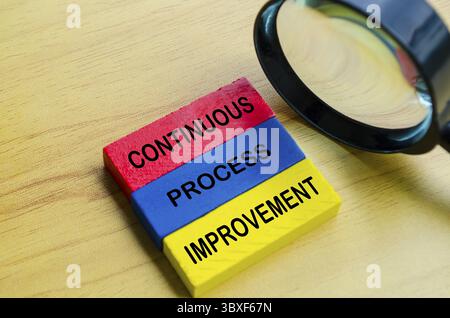 Text zur kontinuierlichen Prozessverbesserung auf mehrfarbigen Holzblöcken mit Lupenhintergrund. Konzept der kontinuierlichen Verbesserung Stockfoto