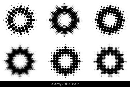 Halbtöne, geometrische Punkte, Farbverlauf und Pop-Art-Textur. Kreis im Halbton. Abstrakte gepunktete Kreise. Vektorabbildung Stock Vektor