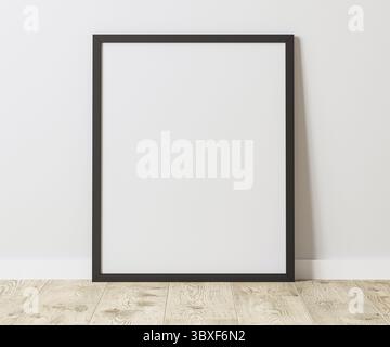 Blank vertikaler schwarzer Rahmen auf Holzboden mit weißer Wand, 4:5 Verhältnis - 40x50 cm, 16 x 20 Zoll, Posterrahmen-Modell, 3D Rendering Stockfoto