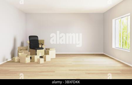Leeres Zimmer mit Umzugskartons und Bürostuhl. Umzugskonzept. Platz für Mockup. 3D Rendern. Zimmer mit hellen Wänden und Holzboden Stockfoto