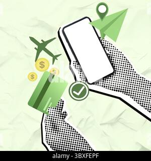 Eine kreative Halbtoncollage mit Händen, die ein Smartphone und eine Kreditkarte halten, umgeben von Reisesymbolen und Geld, symbolisieren moderne Finanzinstrumente Stockfoto