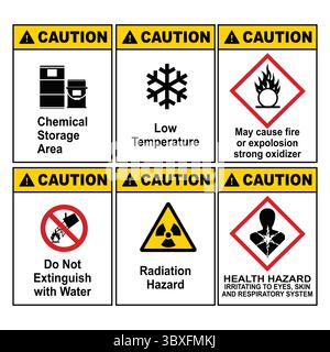 Vorsicht Hautdurchbruch Hydraulikleitung, Freikabel, stromführende Sammelschienen, explosives Material, elektrischer Schrank, Illustration Irritant Sign Vol. 0111 Stock Vektor