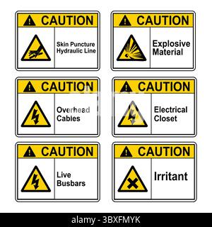 Vorsicht Hautdurchbruch Hydraulikleitung, Freikabel, stromführende Sammelschienen, explosives Material, elektrischer Schrank, Illustration Irritant Sign Vol 02 Stock Vektor