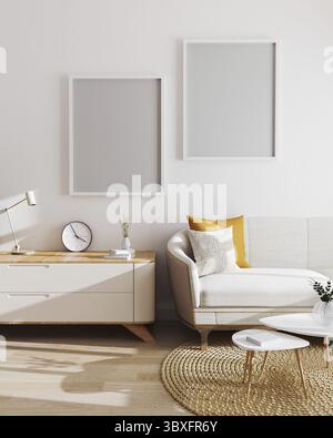 Zwei leere Posterrahmen im modernen Wohnzimmer Innenraum Hintergrund. Mockup, Wohnzimmer mit weißer Wand und modernen minimalistischen Möbeln. Skandinavisch Stockfoto