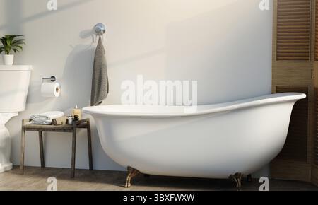 Eine ruhige Badezimmerszene mit freistehender Badewanne, Holzakzenten und moderner Einrichtung, perfekt für Entspannung und Wohndesign-Projekte Stockfoto
