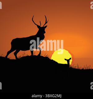 Hirsch Tier Sonnenuntergang Landschaft Vektor Illustration Stock Vektor