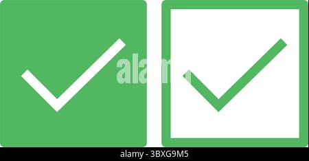 Ein Paar grüner Vektor-Kontrollkästchen mit einem ausgefüllten und einem umrissenen Symbol für Benutzeroberflächenelemente, Webformulare und UX-UI-Design-Projekte. Stock Vektor