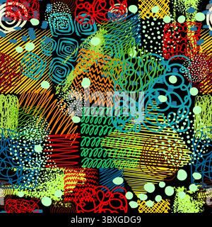 Lustiges, farbenfrohes Linienmuster auf schwarzem Hintergrund. Kreativer abstrakter Kunsthintergrund. Stock Vektor