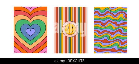 Retro 1960er Jahre psy Vektor Designs mit radialer Symmetrie, grünen und gelben Farbakzenten und surrealen Twirl Doodles. Einfache, fröhliche, trendige Karten, die an sie erinnern Stock Vektor